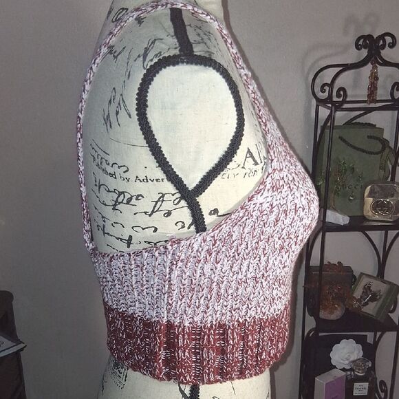 FREE PEOPLE Knit Halter Top - Burgundy and White Size Small Petite - Picture 10 of 14